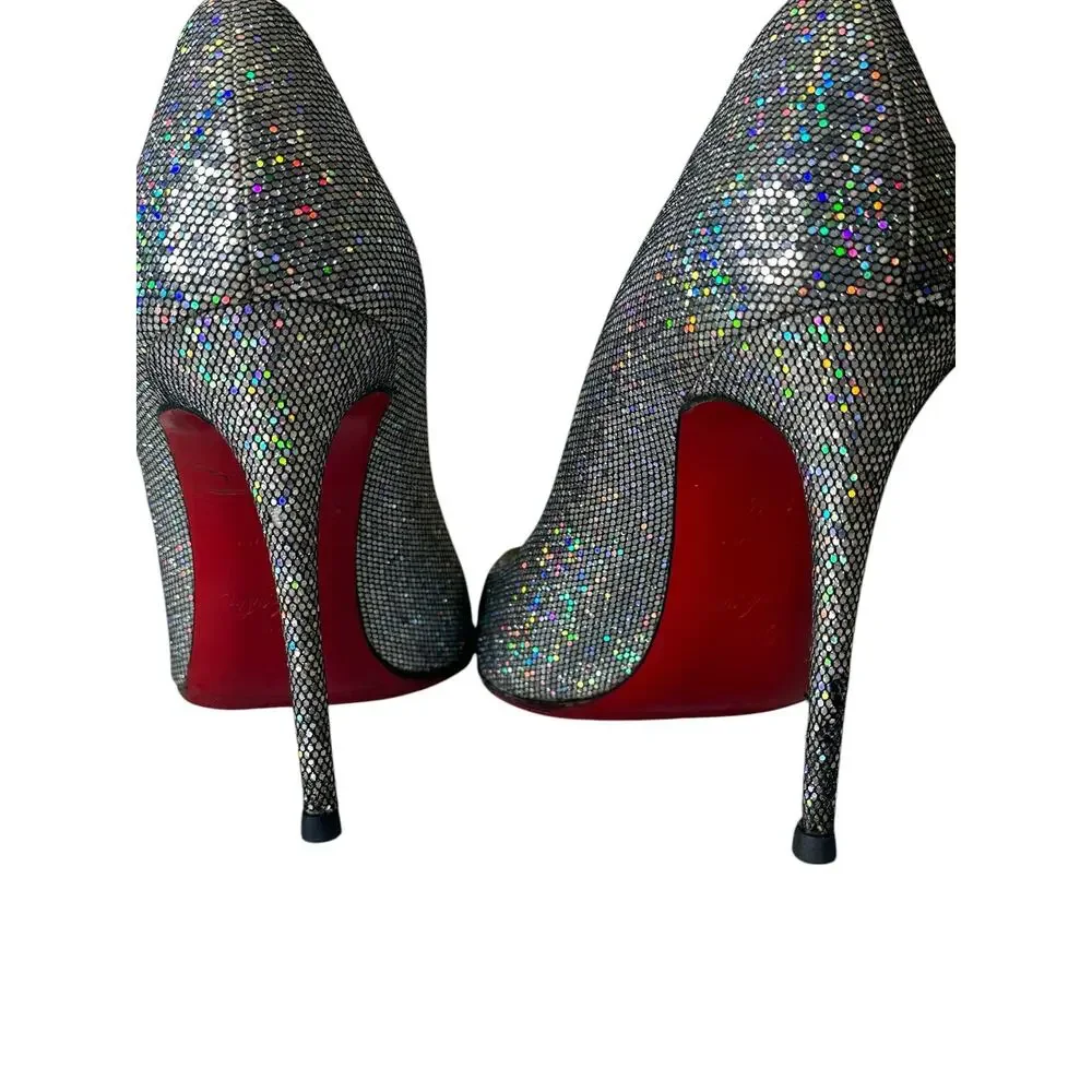 Christian Louboutin Silver Holographic Glitter Mesh Pointed Toe Pumps - 37.5
